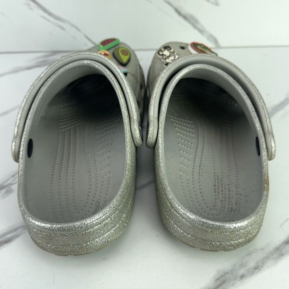 Crocs Classic Silver Glitter Clogs with Charms Slip On Shoes Womens 6 Mens 4 - Picture 4 of 6